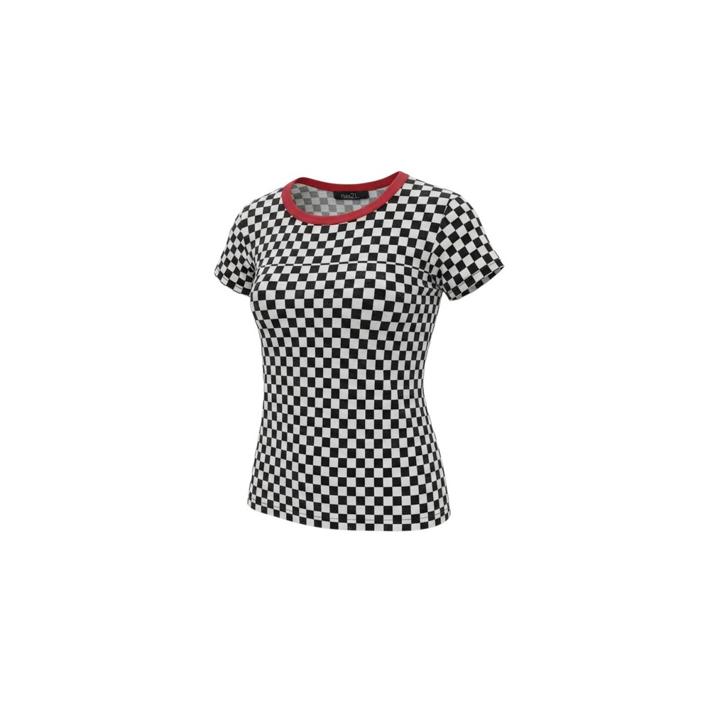 Rue21 Ringer Tee Womens Medium Black White NWT Checkered Short Sleeve Crew Neck
